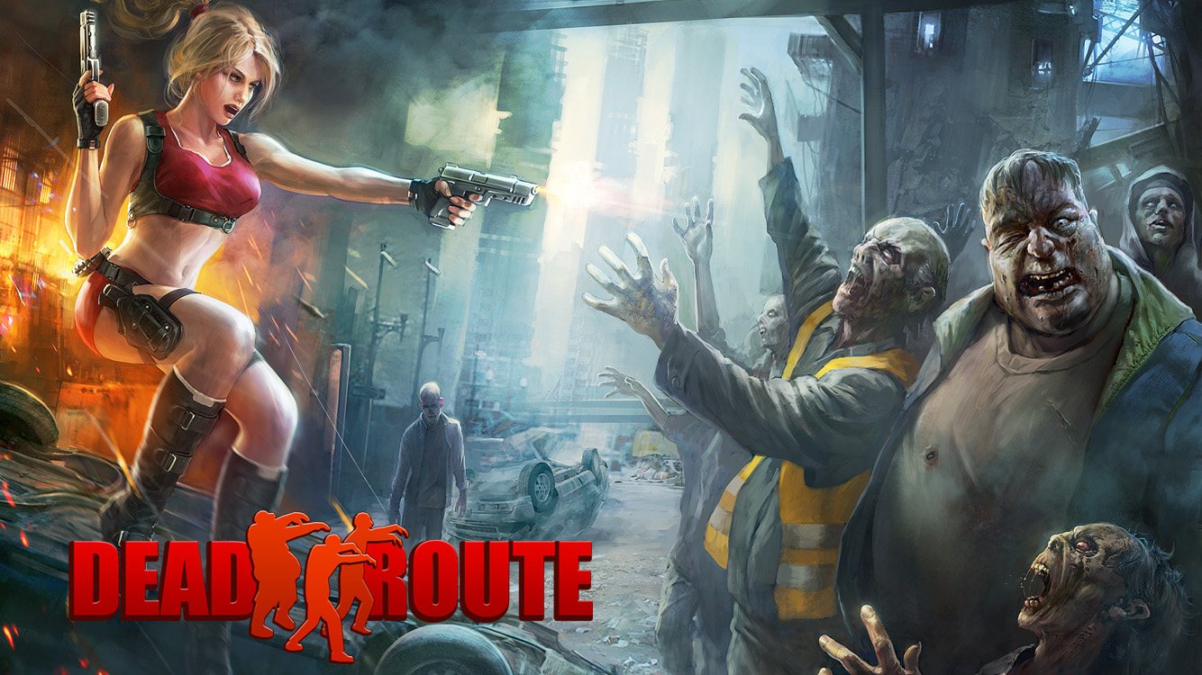 Dead Route key art: a heroine fires at a horde of zombies in a ruined city