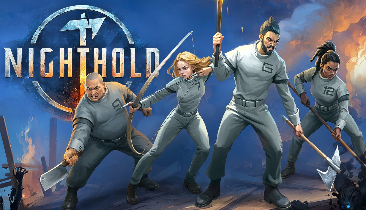 Nighthold key art: four survivors in grey jumpsuits ready to fight with an axe, a bow, a torch and a cleaver