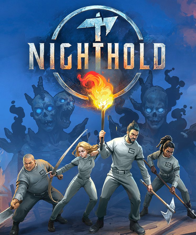 Nighthold key art: four survivors with an axe, a bow, a torch and a cleaver under the Nighthold logo, zombie silhouettes behind them
