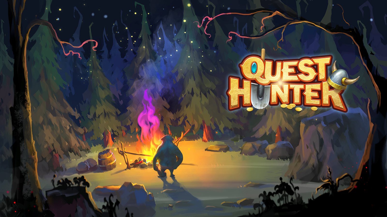 Quest Hunter key art: a hero rests by a campfire in a night forest