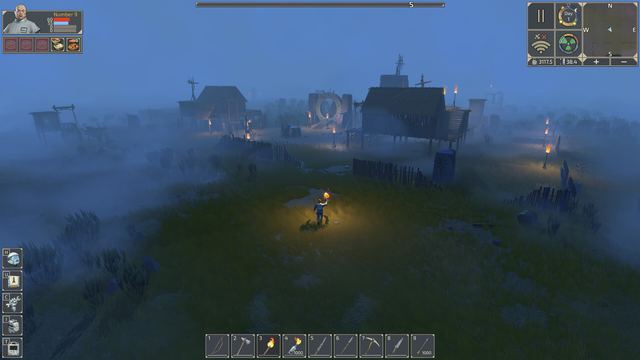 A survivor with a torch near a settlement in the blue night fog