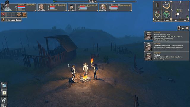 Survivors around a campfire at night