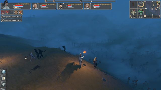 Survivors walking a misty ridge at night