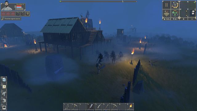 Survivors outside a wooden house at night